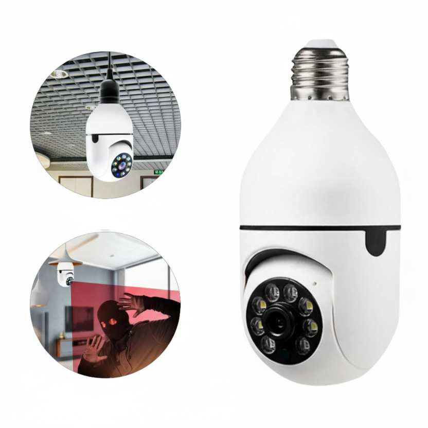 Cámara de Seguridad Inteligente 360° Tipo Foco (WiFi + Visión Nocturna)