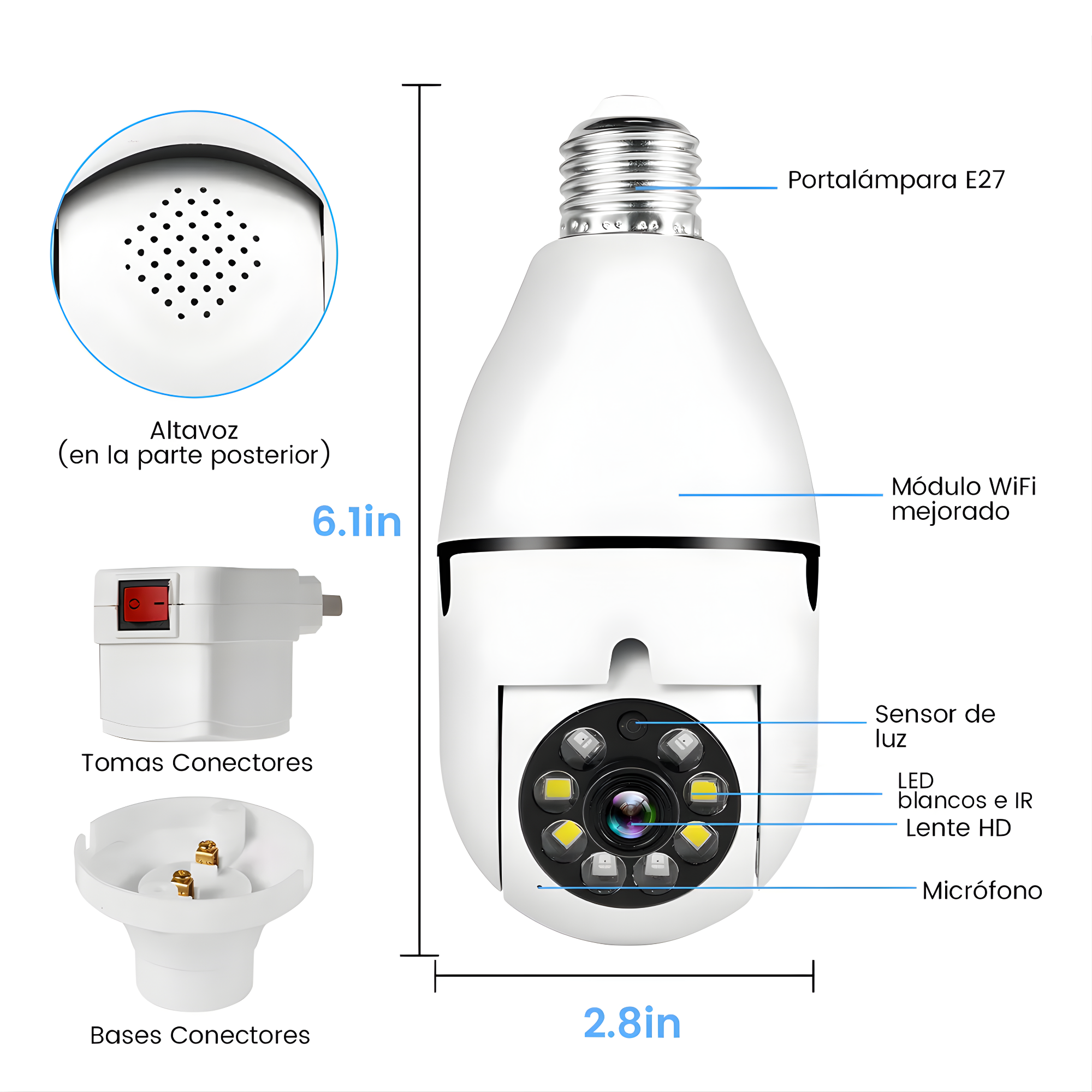 Cámara de Seguridad Inteligente 360° Tipo Foco (WiFi + Visión Nocturna)